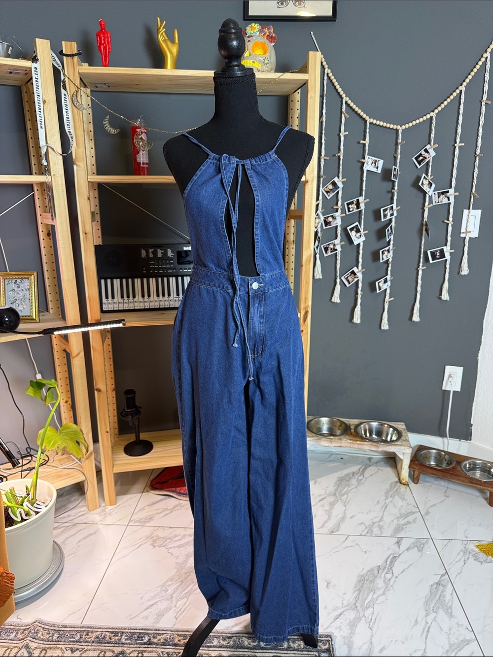 Denim Wide-Leg Jumpsuit Jeans - Blue